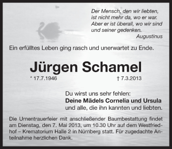 Traueranzeige von Juergen Schamel von Pegnitz-Zeitung